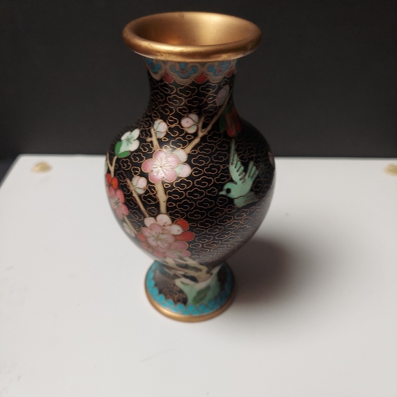 Mcm cloisonne desk vase black pink  flowers highest quality 5in made in china - Picture 2 of 4